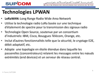 Technologies LPWAN
• LoRaWAN: Long Range Radio Wide Area Network
• Utilise la technologie radio LoRa basée sur une technique
d’étalement de spectre pour la transmission des signaux radio
• Technologie Open Source, soutenue par un consortium
d’industriels: IBM, Cisco, Bouygues Télécom, Orange, etc.
• Inclut d’autres fonctionnalités telle que la sécurité, le cryptage E2E,
débit adaptatif, etc.
• Adopte une topologie en étoile étendue dans laquelle les
passerelles (concentrateurs) relaient les messages entre les nœuds
extrémités (end devices) et un serveur de réseau central.
H. Tounsi, SUP’COM
8
 