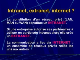 Intranet, extranet, internet ?
La constitution d’un réseau privé (LAN,
MAN ou WAN) constitue un INTRANET.

Si une entreprise autorise ses partenaires à
utiliser en partie son Intranet alors elle crée
un EXTRANET.

La communication a lieu via INTERNET :
un ensemble de réseaux privés reliés les
uns aux autres

19/02/13                            8
 