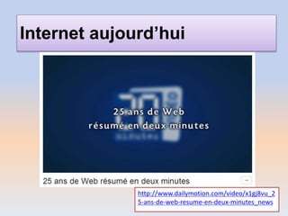 Internet aujourd’hui
http://www.dailymotion.com/video/x1gj8vu_2
5-ans-de-web-resume-en-deux-minutes_news
 
