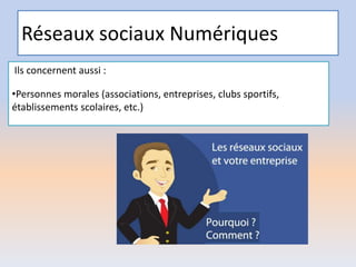 Réseaux sociaux Numériques
Ils concernent aussi :
•Personnes morales (associations, entreprises, clubs sportifs,
établissements scolaires, etc.)
 