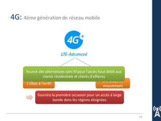 19
4G: 4éme génération de réseau mobile
1 Gbps à l'arrêt
100 Mbps en
mouvement
fournit des alternatives sans fil pour l'accès haut débit aux
clients résidentiels et clients d'affaires
fournira la première occasion pour un accès à large
bande dans les régions éloignées
 