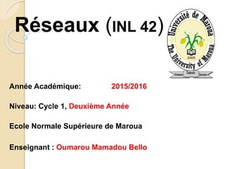 Réseaux (INL 42)
Année Académique: 2015/2016
Niveau: Cycle 1, Deuxième Année
Ecole Normale Supérieure de Maroua
Enseignant : Oumarou Mamadou Bello
 
