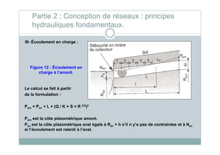 III- Écoulement en charge :
Figure 12 : Écoulement en
charge à l’amont.
Partie 2 : Conception de réseaux : principes
hydrauliques fondamentaux.
Le calcul se fait à partir
de la formulation :
Pam = Pav + L × (Q / K × S × R 2/3)2
Pam est la côte piézomètrique amont.
Pav est la côte piézomètrique aval égale à Rav + h s’il n y’a pas de contraintes et à Nav
si l’écoulement est ralenti à l’aval.
 