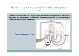 Cette répartition n’est qu’une image car en réalité l’eau est en perpétuel mouvement
en raison des phénomènes d’infiltration, d’évapotranspiration et de ruissellement
(sur terrains perméables ou saturés).
Partie 1 : Le milieu naturel dit «milieu récepteur»
Figure 1 : Le cycle de l’eau
 