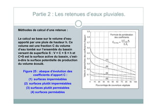 Méthodes de calcul d’une retenue :
Le calcul se base sur le volume d’eau
apporté par une pluie de hauteur h. Ce
volume est une fraction C du volume
d’eau tombé sur l’ensemble du bassin
versant de superficie S : V = C × S × h et
C×S est la surface active du bassin, c’est-
Partie 2 : Les retenues d’eaux pluviales.
C×S est la surface active du bassin, c’est-
à-dire la surface potentielle de production
du volume écoulé.
Figure 25 : abaque d’évolution des
coefficients d’apport C :
(1) surfaces imperméables
(2) surfaces plutôt imperméables
(3) surfaces plutôt perméables
(4) surfaces perméables
 