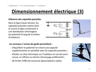 Dimensionnement électrique (3)
10
Influence des capacités parasites.
Dans la ligne haute tension, les
capacités parasites contre terre
et contre la ligne conduisent à
une distribution inhomogène
du potentiel le long de la chaîne
d’isolateurs.
Les anneaux / cornes de garde permettent :
‐ d’équilibrer le potentiel en créant une capacité
supplémentaire en parallèle avec les capacités parasites ;
‐ d’éviter un choc thermique sur l’isolateur en cas de court-
circuit, en offrant un chemin d’amorçage préférentiel ;
‐ de limiter l’effet de couronne (perturbations radio).
7. Applications > A. Le réseau électrique > a. Isolateurs
 