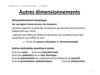 Autres dimensionnements
12
Dimensionnement mécanique
Sur une ligne à haute tension, les isolateurs :
‐doivent supporter le poids des conducteurs qui peuvent peser plusieurs
kilogrammes par mètre ;
‐subissent des efforts de flexion et de torsion, dus au balancement des
conducteurs sous l’effet du vent.
 Essais de rupture mécanique et électromécanique
Autres contraintes soumises à essais
Essai sous pluie Essai sous brouillard salin
Essai sous pollutionEssai au choc thermique
Essai de galvanisation des conducteursEssai d’absence de porosité
Essai de perturbations radioélectriques Essai de vieillissement
7. Applications > A. Le réseau électrique > a. Isolateurs
 