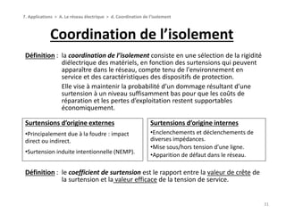 Coordination de l’isolement
31
7. Applications > A. Le réseau électrique > d. Coordination de l’isolement
Définition : la coordination de l’isolement consiste en une sélection de la rigidité
diélectrique des matériels, en fonction des surtensions qui peuvent
apparaître dans le réseau, compte tenu de l'environnement en
service et des caractéristiques des dispositifs de protection.
Elle vise à maintenir la probabilité d’un dommage résultant d’une
surtension à un niveau suffisamment bas pour que les coûts de
réparation et les pertes d’exploitation restent supportables
économiquement.
Définition : le coefficient de surtension est le rapport entre la valeur de crête de
la surtension et la valeur efficace de la tension de service.
Surtensions d’origine externes
•Principalement due à la foudre : impact
direct ou indirect.
•Surtension induite intentionnelle (NEMP).
Surtensions d’origine internes
•Enclenchements et déclenchements de
diverses impédances.
•Mise sous/hors tension d’une ligne.
•Apparition de défaut dans le réseau.
 