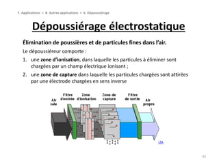 Dépoussiérage électrostatique
42
7. Applications > B. Autres applications > b. Dépoussiérage
Élimination de poussières et de particules fines dans l’air.
Le dépoussiéreur comporte :
1. une zone d’ionisation, dans laquelle les particules à éliminer sont
chargées par un champ électrique ionisant ;
2. une zone de capture dans laquelle les particules chargées sont attirées
par une électrode chargées en sens inverse
LTA
 