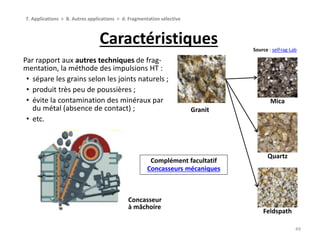 Caractéristiques
49
7. Applications > B. Autres applications > d. Fragmentation sélective
Granit
Feldspath
Quartz
Mica
Source : selFrag-Lab
Par rapport aux autres techniques de frag-
mentation, la méthode des impulsions HT :
• sépare les grains selon les joints naturels ;
• produit très peu de poussières ;
• évite la contamination des minéraux par
du métal (absence de contact) ;
• etc.
Concasseur
à mâchoire
Complément facultatif
Concasseurs mécaniques
 