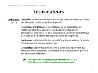 Les isolateurs
5
7. Applications > A. Le réseau électrique > a. Isolateurs
L’isolation est l’ensemble des matériaux et parties utilisés pour isoler
des éléments conducteurs d'un dispositif
Un système d’isolation est un matériau ou un assemblage de
matériaux isolants, à considérer en liaison avec les parties
conductrices associées, tel qu’il est appliqué à un matériel électrique
d’un type ou d’une taille donnés, ou à l’une de ses parties.
L’isolement est l’ensemble des propriétés qui caractérisent l’aptitude
d’une isolation à assurer sa fonction.
Un isolateur est un dispositif destiné à isoler électriquement et à
maintenir mécaniquement un matériel ou des conducteurs portés à
des potentiels différents.
Définitions :
( CEI )
La Commission électrotechnique internationale (CEI) a
édité 27 normes différentes relatives aux isolateurs.

 