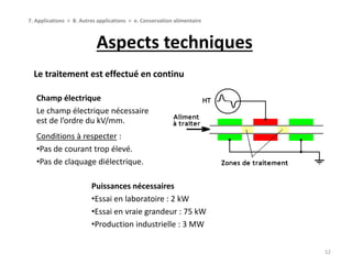 Aspects techniques
52
7. Applications > B. Autres applications > e. Conservation alimentaire
Champ électrique
Le champ électrique nécessaire
est de l’ordre du kV/mm.
Conditions à respecter :
•Pas de courant trop élevé.
•Pas de claquage diélectrique.
Puissances nécessaires
•Essai en laboratoire : 2 kW
•Essai en vraie grandeur : 75 kW
•Production industrielle : 3 MW
Le traitement est effectué en continu
 