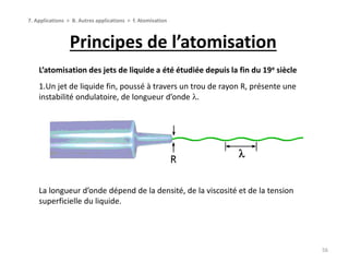 Principes de l’atomisation
56
7. Applications > B. Autres applications > f. Atomisation
L’atomisation des jets de liquide a été étudiée depuis la fin du 19e siècle
1.Un jet de liquide fin, poussé à travers un trou de rayon R, présente une
instabilité ondulatoire, de longueur d’onde l.
La longueur d’onde dépend de la densité, de la viscosité et de la tension
superficielle du liquide.
 