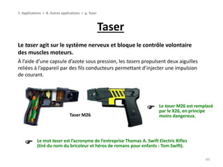 Taser
60
7. Applications > B. Autres applications > g. Taser
Le taser agit sur le système nerveux et bloque le contrôle volontaire
des muscles moteurs.
À l’aide d’une capsule d’azote sous pression, les tasers propulsent deux aiguilles
reliées à l’appareil par des fils conducteurs permettant d’injecter une impulsion
de courant.
Taser M26
Le taser M26 est remplacé
par le X26, en principe
moins dangereux.

Le mot taser est l’acronyme de l’entreprise Thomas A. Swift Electric Rifles
(tiré du nom du bricoleur et héros de romans pour enfants : Tom Swift).
 