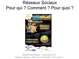Réseaux Sociaux
Pour qui ? Comment ? Pour quoi ?
WebSchool Orléans – novembre 2010
Réseaux Sociaux : Pour qui ? Comment ? Pour quoi ?
 