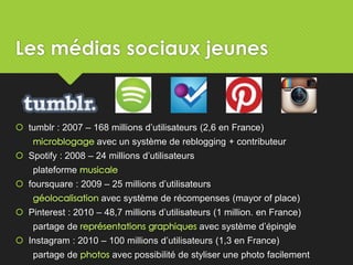 Les médias sociaux jeunes
 tumblr : 2007 – 168 millions d’utilisateurs (2,6 en France)
avec un système de reblogging + contributeur
 Spotify : 2008 – 24 millions d’utilisateurs
plateforme
 foursquare : 2009 – 25 millions d’utilisateurs
avec système de récompenses (mayor of place)
 Pinterest : 2010 – 48,7 millions d’utilisateurs (1 million. en France)
partage de avec système d’épingle
 Instagram : 2010 – 100 millions d’utilisateurs (1,3 en France)
partage de avec possibilité de styliser une photo facilement
 