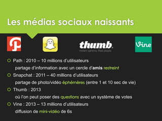Les médias sociaux naissants
 Path : 2010 – 10 millions d’utilisateurs
partage d’information avec un cercle d’amis
 Snapchat : 2011 – 40 millions d’utilisateurs
partage de photo/vidéo (entre 1 et 10 sec de vie)
 Thumb : 2013
où l’on peut poser des avec un système de votes
 Vine : 2013 – 13 millions d’utilisateurs
diffusion de de 6s
 
