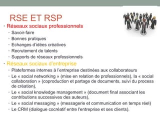RSE ET RSP <ul><li>Réseaux sociaux professionnels </li></ul><ul><ul><li>Savoir-faire </li></ul></ul><ul><ul><li>Bonnes pra...