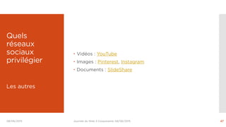 Quels
réseaux
sociaux
privilégier
 Vidéos : YouTube
 Images : Pinterest, Instagram
 Documents : SlideShare
Les autres
J...
