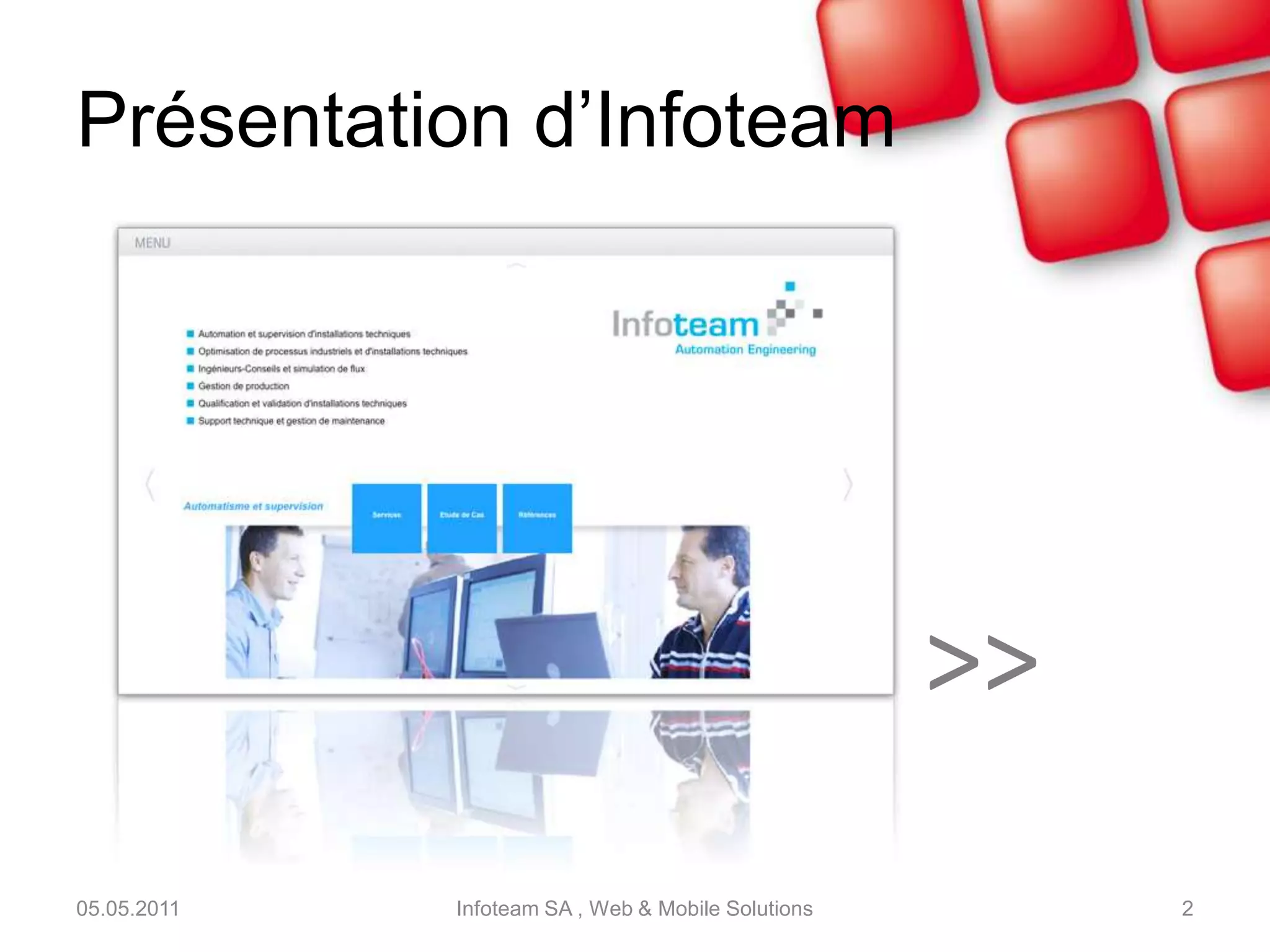 Présentation d’Infoteam05.05.2011Infoteam SA , Web & Mobile Solutions2>>