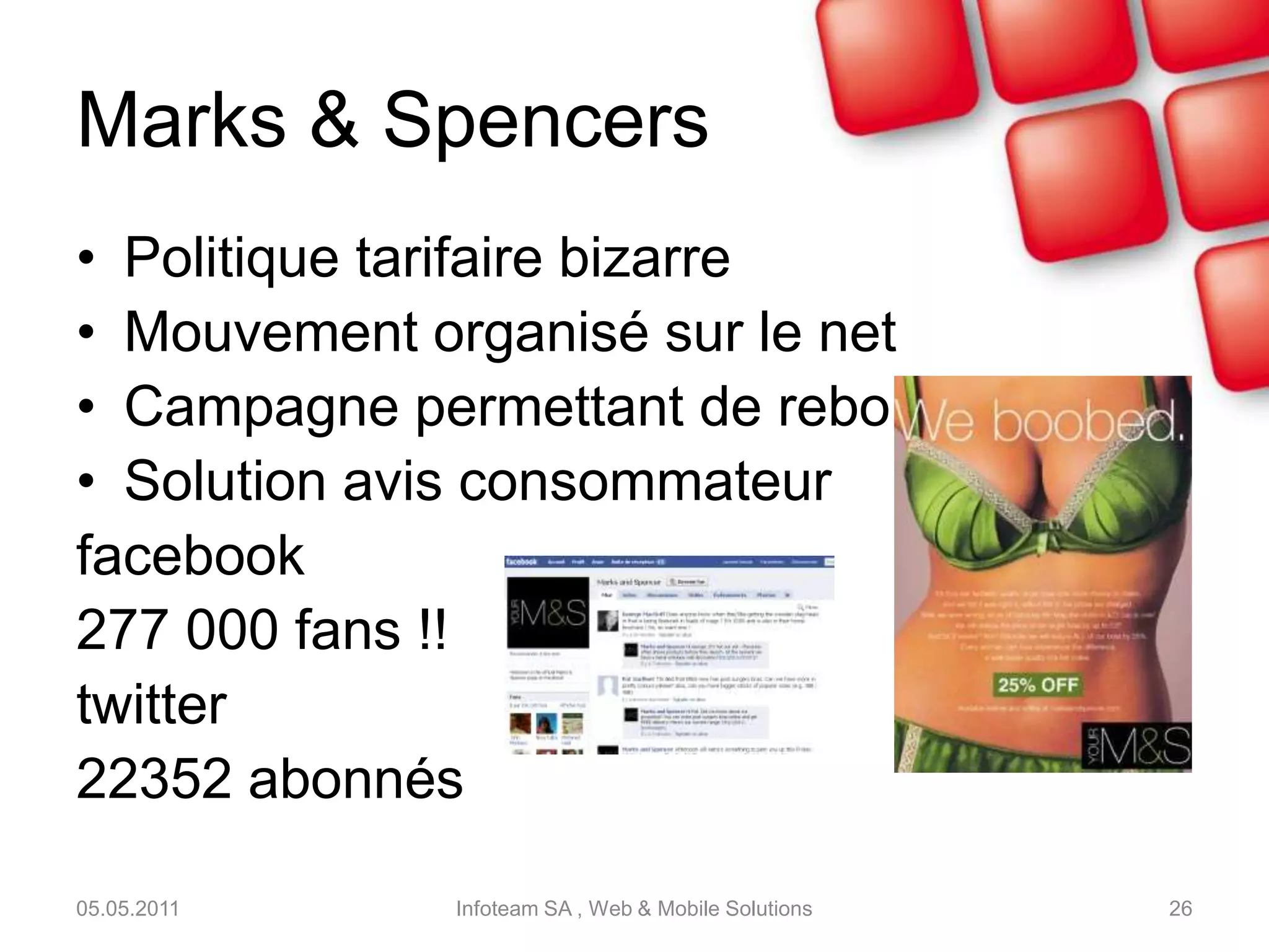 Gérer les crisesEtre présent sur les réseaux sociauxModération de votre réseauRépondre aux commentaires des internautesRebondir pour transformer ces internautes en ambassadeurs05.05.2011Infoteam SA , Web & Mobile Solutions24