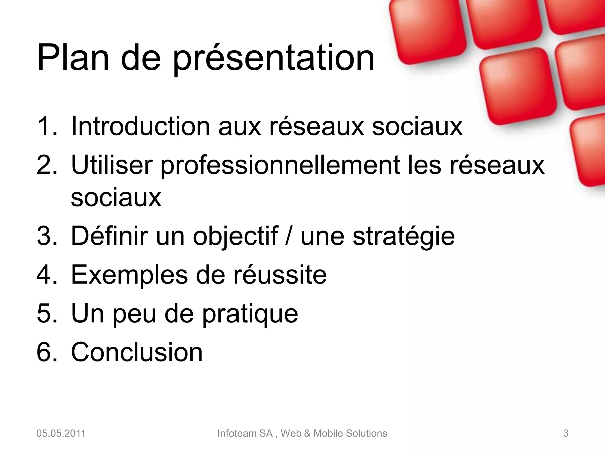 Plan de présentationIntroduction aux réseaux sociauxUtiliser professionnellement les réseaux sociauxDéfinir un objectif / une stratégie Exemples de réussiteUn peu de pratiqueConclusion05.05.2011Infoteam SA , Web & Mobile Solutions3
