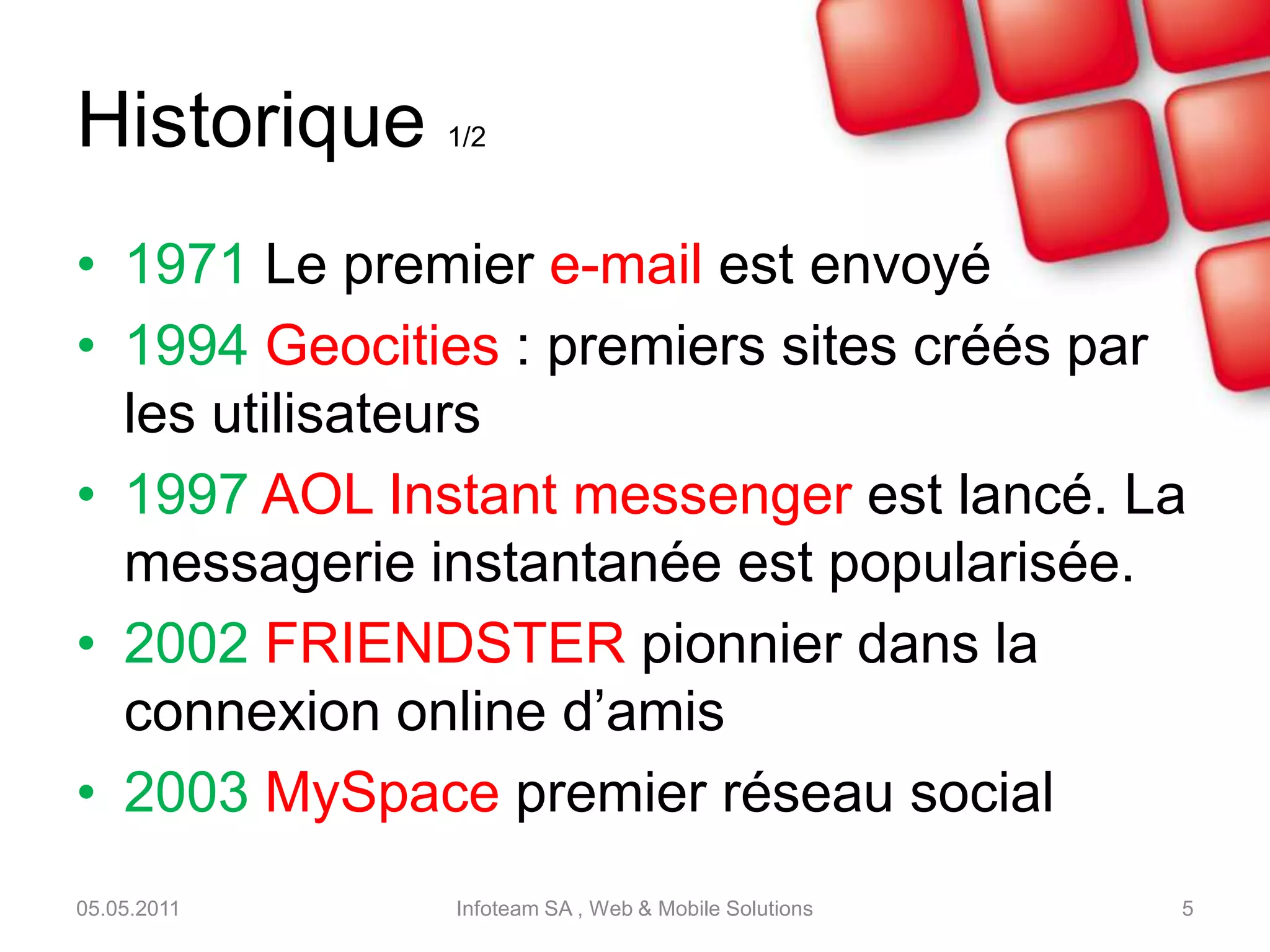 Historique 1/21971 Le premier e-mail est envoyé1994 Geocities: premiers sites créés par les utilisateurs1997 AOL Instant messengerest lancé. La messagerie instantanée est popularisée.2002 FRIENDSTER pionnier dans la connexion online d’amis2003 MySpace premier réseau social05.05.2011Infoteam SA , Web & Mobile Solutions5