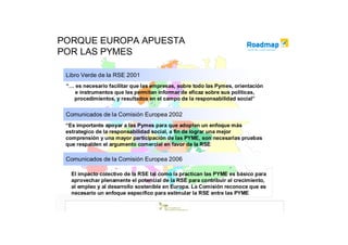 PORQUE EUROPA APUESTA
POR LAS PYMES

 Libro Verde de la RSE 2001
 “… es necesario facilitar que las empresas, sobre todo las Pymes, orientación
    e instrumentos que les permitan informar de eficaz sobre sus políticas,
   procedimientos, y resultados en el campo de la responsabilidad social”

 Comunicados de la Comisión Europea 2002
 “Es importante apoyar a las Pymes para que adopten un enfoque más
 estrategico de la responsabilidad social, a fin de lograr una mejor
 comprensión y una mayor participación de las PYME, son necesarias pruebas
 que respalden el argumento comercial en favor de la RSE

 Comunicados de la Comisión Europea 2006

   El impacto colectivo de la RSE tal como la practican las PYME es básico para
   aprovechar plenamente el potencial de la RSE para contribuir al crecimiento,
   al empleo y al desarrollo sostenible en Europa. La Comisión reconoce que es
   necesario un enfoque específico para estimular la RSE entre las PYME
 
