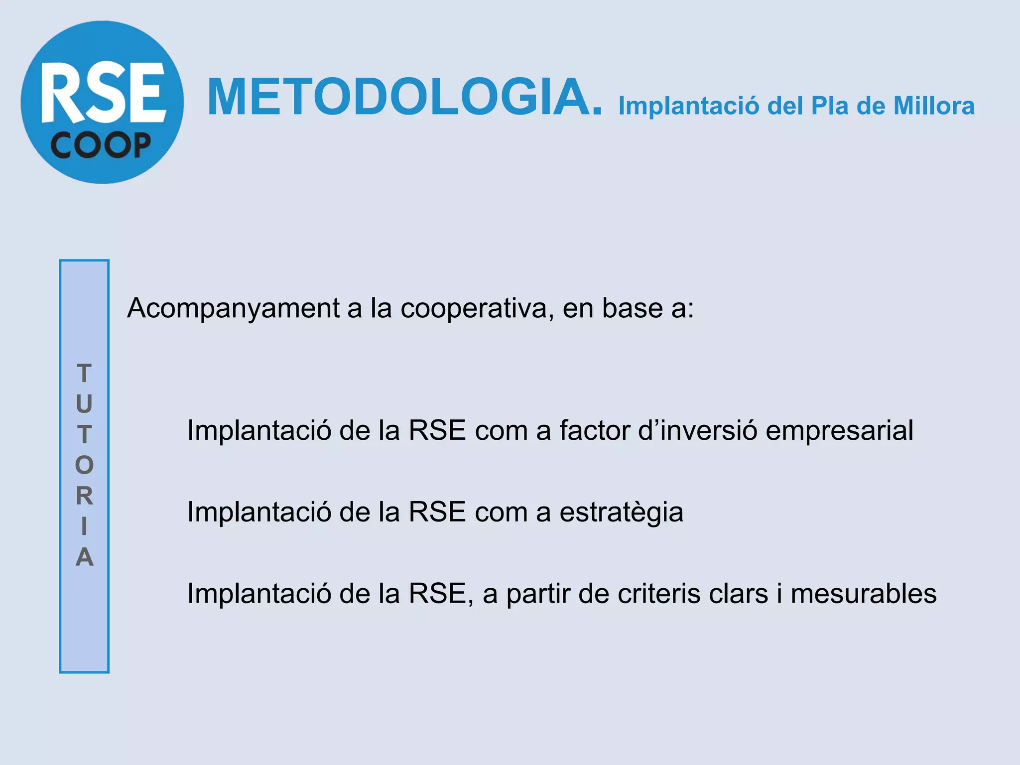 METODOLOGIA. Implantació del Pla de Millora


    Acompanyament a la cooperativa, en base a:

T
U
T       Implantació de la RSE com a factor d’inversió empresarial
O
R
I
        Implantació de la RSE com a estratègia
A
        Implantació de la RSE, a partir de criteris clars i mesurables
 