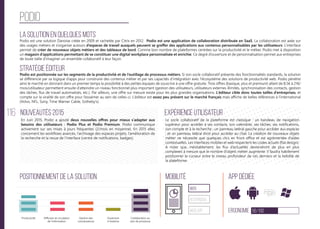 116
podio
La solution en quelques mots
Stratégie éditeur
Positionnement de la solution Mobilité App Dédiée
Ergonomie 56/100
Expérience utilisateurNouveautés 2015
Podio est une solution Danoise créée en 2009 et rachetée par Citrix en 2012. Podio est une application de collaboration distribuée en SaaS. La collaboration est axée sur
des usages métiers et s’organise autours d’espaces de travail auxquels peuvent se greffer des applications aux contenus personnalisables par les utilisateurs. L’interface
permet de créer de nouveaux objets métiers et des tableaux de bord. Comme bon nombre de plateformes centrées sur la productivité et le métier, Podio met à disposition
un magasin d’applications permettant de se constituer une digital workplace personnalisée et enrichie. Ce degré d’ouverture et de personnalisation permet aux entreprises
de toute taille d’imaginer un ensemble collaboratif à leur façon.
Podio est positionnée sur les segments de la productivité et de l’outillage de processus métiers. Si son socle collaboratif présente des fonctionnalités standards, la solution
se différencie par sa logique d’apps pour construire des contenus métier et par ses capacités d’intégration avec l’écosystème des solutions de productivité web. Podio pénètre
ainsi le marché en donnant dans un premier temps la possibilité à des petites équipes de souscrire à une offre gratuite. Trois offres (basique, plus et premium) allant de 8,5€ à 21€/
mois/utilisateur permettent ensuite d’atteindre un niveau fonctionnel plus important (gestion des utilisateurs, utilisateurs externes illimités, synchronisation des contacts, gestion
des tâches, flux de travail automatisés, etc.). Par ailleurs, une offre sur mesure existe pour les plus grandes organisations. L’éditeur cible donc toutes tailles d’entreprises, et
compte sur la viralité de son offre pour l’essaimer au sein de celles-ci. L’éditeur est assez peu présent sur le marché français mais affiche de belles références à l’international
(Volvo, NFL, Sony, Time Warner Cable, Sotheby’s).
Le socle collaboratif de la plateforme est classique : un bandeau de navigation
supérieur pour accéder à ses contacts, son calendrier, ses tâches, ses notifications,
son compte et à la recherche ; un panneau latéral gauche pour accéder aux espaces
; et un panneau latéral droit pour accéder au chat. La création de nouveaux objets
métier ne nécessite que quelques clics en front office et est agrémentée d’aides
contextuelles. Les interfaces mobiles et web respectent les codes actuels (flat design).
A noter que, inévitablement, les flux d’actualités deviendront de plus en plus
complexes à mesure que le nombre d’objets métier augmente. Il faudra habilement
positionner le curseur entre le niveau profondeur de ces derniers et la lisibilité de
la plateforme.
En Juin 2015, Podio a ajouté deux nouvelles offres pour mieux s’adapter aux
besoins des utilisateurs : Podio Plus et Podio Premium. Podio communique
activement sur ses mises à jours fréquentes (2/mois en moyenne). En 2015 elles
concernent les workflows avancés, l’archivage des espaces projets, l’amélioration de
la recherche et la revue de l’interface (centre de notifications, badges).
web
Responsive
Web App
Productivité Gestion des
connaissances
Ouverture
à l’externe
Collaboration au
sein de processus
Diffusion et circulation
de l'information
 
