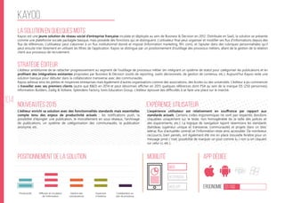 104
kayoo
La solution en quelques mots
Stratégie éditeur
Nouveautés 2015
Positionnement de la solution Mobilité App Dédiée
Ergonomie 37/100
Expérience utilisateur
Kayoo est une jeune solution de réseau social d’entreprise française incubée et déployée au sein de Business & Decision en 2012. Distribuée en SaaS, la solution se présente
comme une plateforme sociale packagée basique, mais possède des fonctions qui se distinguent. L’utilisateur final peut organiser et modifier ses flux d’informations depuis des
flux de références. L’utilisateur peut s’abonner à un flux institutionnel donné et imposé (Information marketing, RH, com), et l’ajouter dans des rubriques personnalisées qu’il
peut ensuite trier librement en utilisant les filtres de l’application. Kayoo se distingue par un positionnement d’outillage des processus métiers, allant de la gestion de la relation
client aux processus de recrutement.
L’éditeur ambitionne de se rattacher progressivement au segment de l’outillage de processus métier (en intégrant un système de statut pour catégoriser les publications et en
profitant des intégrations existantes proposées par Business & Décision (outils de reporting, outils décisionnels, de gestion de contenus, etc.). Aujourd’hui Kayoo reste une
solution basique pour débuter dans la collaboration transverse avec des communautés.
Kayoo adresse ainsi les petites et moyennes entreprises mais également d’autres organisations comme des associations, des écoles ou des universités. L’éditeur a pu commencer
à travailler avec ses premiers clients (autre que B&D) en 2014 et peut désormais afficher en 2015 quelques références dont PSA au sein de la marque DS (250 personnes),
Information Builders, Zadig & Voltaire, Splendens Factory, Ionis Education Group. L’éditeur éprouve des difficultés à se faire une place sur le marché.
L’éditeur enrichi sa solution avec des fonctionnalités standards mais essentielles
compte tenu des enjeux de productivité actuels : les notifications push, la
possibilité d’épingler une publication, le morcellement en sous-réseaux, l’archivage
de publications, un système de catégorisation des communautés, la publication
anonyme, etc.
L’expérience utilisateur est relativement en souffrance par rapport aux
standards actuels. Certains codes ergonomiques ne sont pas respectés (boutons
cliquables uniquement sur le texte, non homogénéité de la taille des polices et
des espacements, etc.). La logique de navigation rejoint néanmoins les standards
(bandeau supérieur unique et transverse, communautés et projets dans un bloc
latéral, flux d’actualités central) et l’information reste ainsi accessible. De nombreux
raccourcis, bien pensés, ont également été mis en place (nouvelle fenêtre pour un
message privé / mail, possibilité de marquer un post comme lu / non lu en cliquant
sur celui-ci, etc.).
web
Responsive
Web App
Productivité Gestion des
connaissances
Ouverture
à l’externe
Collaboration au
sein de processus
Diffusion et circulation
de l'information
 