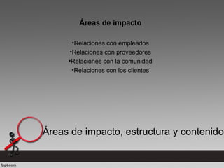 Áreas de impacto, estructura y contenido
Áreas de impacto
•Relaciones con empleados
•Relaciones con proveedores
•Relaciones con la comunidad
•Relaciones con los clientes
 
