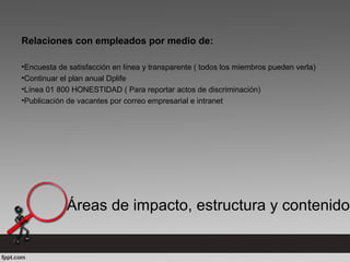 Relaciones con empleados por medio de:
•Encuesta de satisfacción en línea y transparente ( todos los miembros pueden verla)
•Continuar el plan anual Dplife
•Línea 01 800 HONESTIDAD ( Para reportar actos de discriminación)
•Publicación de vacantes por correo empresarial e intranet
Áreas de impacto, estructura y contenido
 