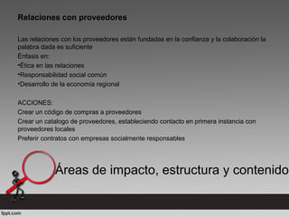 Relaciones con proveedores
Las relaciones con los proveedores están fundadas en la confianza y la colaboración la
palabra dada es suficiente
Énfasis en:
•Ética en las relaciones
•Responsabilidad social común
•Desarrollo de la economía regional
ACCIONES:
Crear un código de compras a proveedores
Crear un catalogo de proveedores, estableciendo contacto en primera instancia con
proveedores locales
Preferir contratos con empresas socialmente responsables
Áreas de impacto, estructura y contenido
 