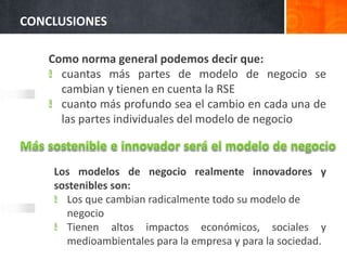 Como norma general podemos decir que:
cuantas más partes de modelo de negocio se
cambian y tienen en cuenta la RSE
cuanto más profundo sea el cambio en cada una de
las partes individuales del modelo de negocio
CONCLUSIONES
Los modelos de negocio realmente innovadores y
sostenibles son:
Los que cambian radicalmente todo su modelo de
negocio
Tienen altos impactos económicos, sociales y
medioambientales para la empresa y para la sociedad.
 