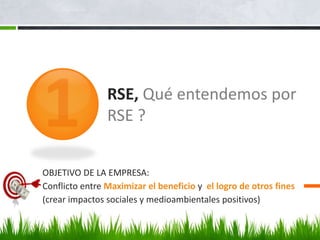 RSE, Qué entendemos por
RSE ?
OBJETIVO DE LA EMPRESA:
Conflicto entre Maximizar el beneficio y el logro de otros fines
(crear impactos sociales y medioambientales positivos)
 