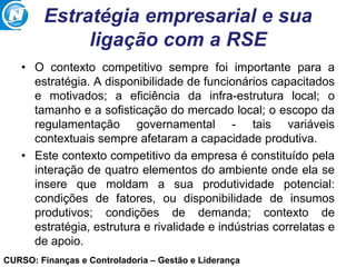 CURSO: Finanças e Controladoria – Gestão e Liderança
Estratégia empresarial e sua
ligação com a RSE
• O contexto competitivo sempre foi importante para a
estratégia. A disponibilidade de funcionários capacitados
e motivados; a eficiência da infra-estrutura local; o
tamanho e a sofisticação do mercado local; o escopo da
regulamentação governamental - tais variáveis
contextuais sempre afetaram a capacidade produtiva.
• Este contexto competitivo da empresa é constituído pela
interação de quatro elementos do ambiente onde ela se
insere que moldam a sua produtividade potencial:
condições de fatores, ou disponibilidade de insumos
produtivos; condições de demanda; contexto de
estratégia, estrutura e rivalidade e indústrias correlatas e
de apoio.
 