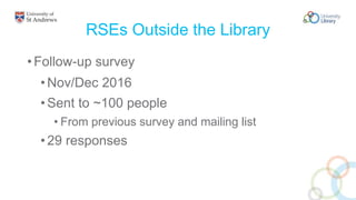 RSEs Outside the Library
• Follow-up survey
•Nov/Dec 2016
•Sent to ~100 people
• From previous survey and mailing list
•29 responses
 