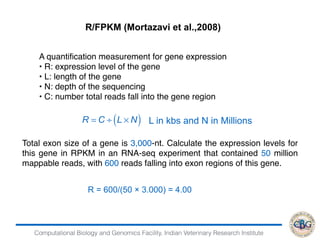 Computational Biology and Genomics Facility, Indian Veterinary Research Institute
A quantiﬁcation measurement for gene expression
• R: expression level of the gene
• L: length of the gene
• N: depth of the sequencing
• C: number total reads fall into the gene region
R/FPKM (Mortazavi et al.,2008)
Total exon size of a gene is 3,000-nt. Calculate the expression levels for
this gene in RPKM in an RNA-seq experiment that contained 50 million
mappable reads, with 600 reads falling into exon regions of this gene.
R = 600/(50 × 3.000) = 4.00
R = C ÷ L × N( ) L in kbs and N in Millions
 