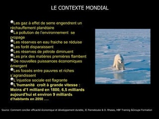 Le constat à l’échelle de la planète:
Les gaz à effet de serre engendrent un
réchauffement planétaire
La pollution de l’environnement se
propage
Les réserves en eau fraiche se réduise
Les forêt disparaissent
Les réserves de pétrole diminuent
Les prix des matières premières flambent
De nouvelles puissances économiques
émergent
Les fossés entre pauvres et riches
s’agrandissent
L’injustice sociale est flagrante
L’humanité croît à grande vitesse :
Moins d'1 milliard en 1800, 6,5 milliards
aujourd'hui et environ 9 milliards
d’habitants en 2050 ….
Source: Comment concilier efficacité économique et développement durable, JC Pannekouke & D. Rhases, HBF Training &Groupe Formation
LE CONTEXTE MONDIAL
 