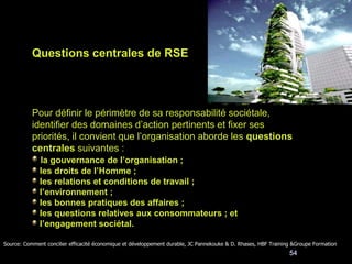 54
Questions centrales de RSE
Pour définir le périmètre de sa responsabilité sociétale,
identifier des domaines d’action pertinents et fixer ses
priorités, il convient que l’organisation aborde les questions
centrales suivantes :
la gouvernance de l’organisation ;
les droits de l’Homme ;
les relations et conditions de travail ;
l’environnement ;
les bonnes pratiques des affaires ;
les questions relatives aux consommateurs ; et
l’engagement sociétal.
Source: Comment concilier efficacité économique et développement durable, JC Pannekouke & D. Rhases, HBF Training &Groupe Formation
 