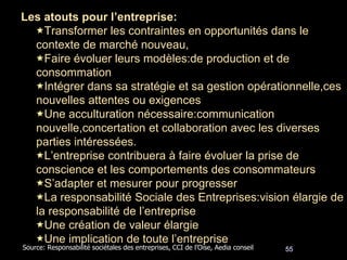 55
Les atouts pour l’entreprise:
Transformer les contraintes en opportunités dans le
contexte de marché nouveau,
Faire évoluer leurs modèles:de production et de
consommation
Intégrer dans sa stratégie et sa gestion opérationnelle,ces
nouvelles attentes ou exigences
Une acculturation nécessaire:communication
nouvelle,concertation et collaboration avec les diverses
parties intéressées.
L’entreprise contribuera à faire évoluer la prise de
conscience et les comportements des consommateurs
S’adapter et mesurer pour progresser
La responsabilité Sociale des Entreprises:vision élargie de
la responsabilité de l’entreprise
Une création de valeur élargie
Une implication de toute l’entreprise
Source: Responsabilité sociétales des entreprises, CCI de l’Oise, Aedia conseil
 