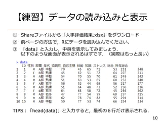10
【練習】データの読み込みと表示
① Shareファイルから「人事評価結果.xlsx」をダウンロード
② 前ページの方法で，Rにデータを読み込んでください．
③ 「data」と入力し，中身を表示してみましょう．
以下のような画面が表示されるはずです．（実際はもっと長い）
TIPS：「head(data)」と入力すると，最初の６行だけ表示される．
 