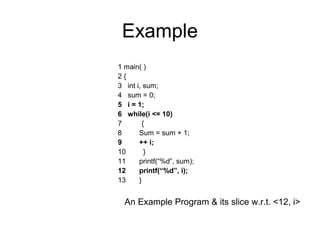 Example
1 main( )
2 {
3 int i, sum;
4 sum = 0;
5 i = 1;
6 while(i <= 10)
7 {
8 Sum = sum + 1;
9 ++ i;
10 }
11 printf(“%d”, sum);
12 printf(“%d”, i);
13 }
An Example Program & its slice w.r.t. <12, i>
 