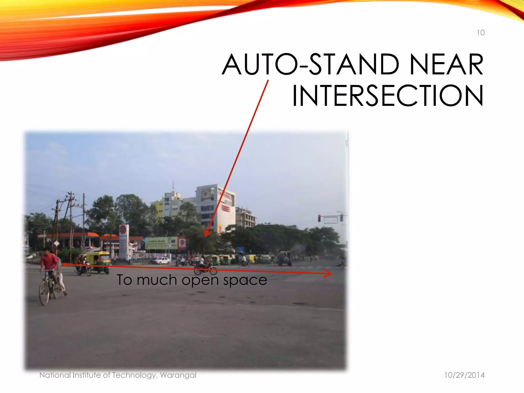 10 
AUTO-STAND NEAR 
INTERSECTION 
To much open space 
National Institute of Technology, Warangal 10/29/2014 
 