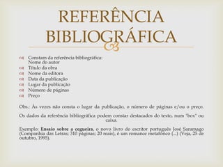 REFERÊNCIA
            BIBLIOGRÁFICA
                  
 Constam da referência bibliográfica:
  Nome do autor
 Título da obra
 Nome da editora
 Data da publicação
 Lugar da publicação
 Número de páginas
 Preço

Obs.: Às vezes não consta o lugar da publicação, o número de páginas e/ou o preço.
Os dados da referência bibliográfica podem constar destacados do texto, num "box" ou
                                        caixa.
Exemplo: Ensaio sobre a cegueira, o novo livro do escritor português José Saramago
(Companhia das Letras; 310 páginas; 20 reais), é um romance metafórico (...) (Veja, 25 de
outubro, 1995).
 