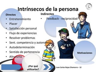 Intrínsecos de la persona Directos  Entretenimiento Placer Satisfacción personal Flujo de experiencias Resolver problemas Sent. competencia y autonomía Autodeterminación Sentido de pertenencia Altruismo Indirectos Feedback - reciprocidad Juan Carlos Rojas Chamorro – 12  ¿Por qué utilizarlas? Motivaciones 