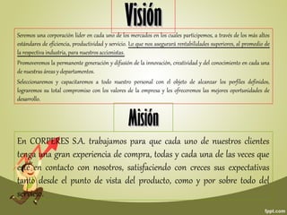 Seremos una corporación líder en cada uno de los mercados en los cuales participemos, a través de los más altos
estándares de eficiencia, productividad y servicio. Lo que nos asegurará rentabilidades superiores, al promedio de
la respectiva industria, para nuestros accionistas.
Promoveremos la permanente generación y difusión de la innovación, creatividad y del conocimiento en cada una
de nuestras áreas y departamentos.
Seleccionaremos y capacitaremos a todo nuestro personal con el objeto de alcanzar los perfiles definidos,
lograremos su total compromiso con los valores de la empresa y les ofreceremos las mejores oportunidades de
desarrollo.
VisiónVisión
MisiónMisión
En CORPERES S.A. trabajamos para que cada uno de nuestros clientes
tenga una gran experiencia de compra, todas y cada una de las veces que
esté en contacto con nosotros, satisfaciendo con creces sus expectativas
tanto desde el punto de vista del producto, como y por sobre todo del
servicio.
 