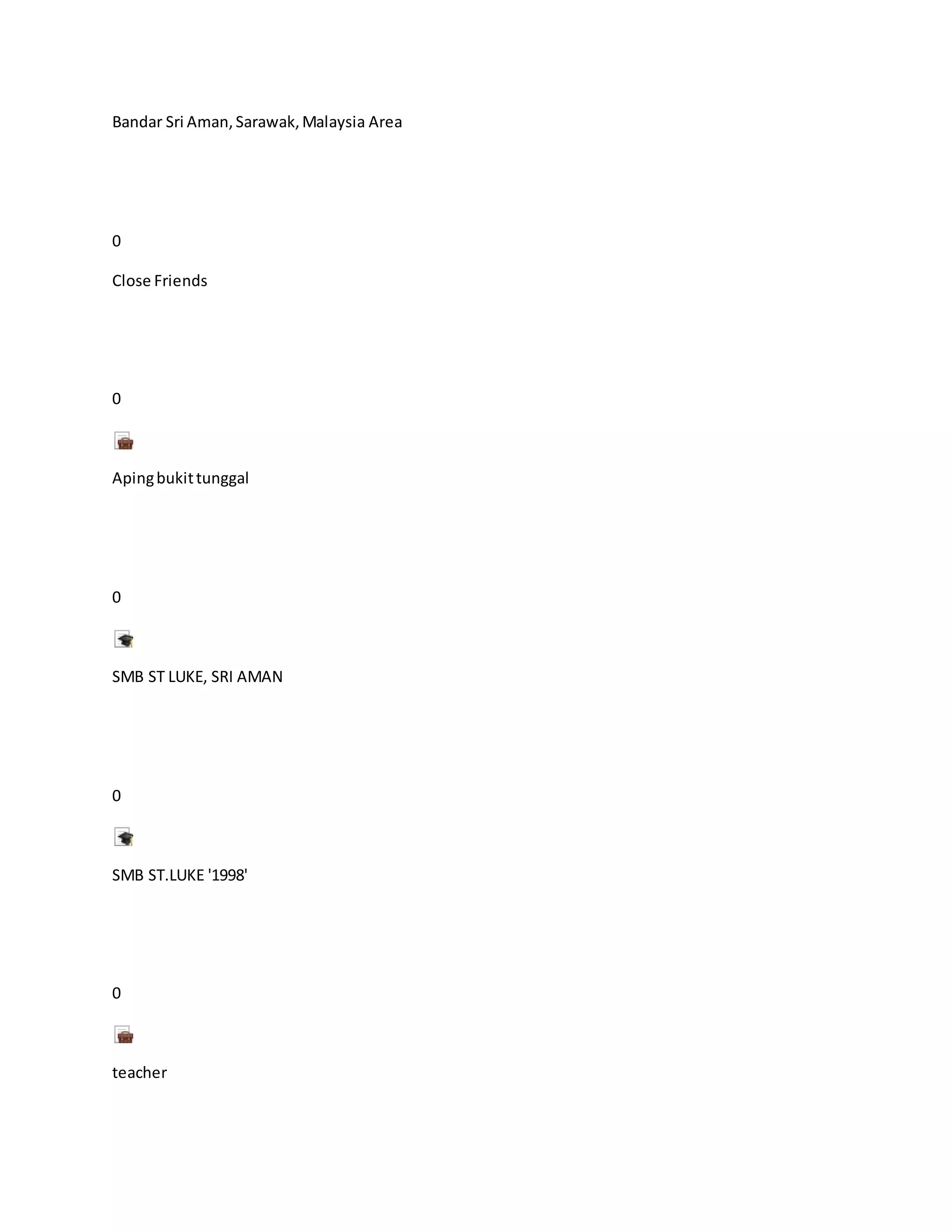Bandar Sri Aman,Sarawak,Malaysia Area
0
Close Friends
0
Apingbukittunggal
0
SMB ST LUKE, SRI AMAN
0
SMB ST.LUKE '1998'
0
teacher
 