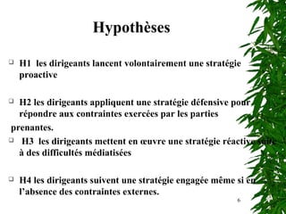 Hypothèses
 H1 les dirigeants lancent volontairement une stratégie
proactive
 H2 les dirigeants appliquent une stratégie défensive pour
répondre aux contraintes exercées par les parties
prenantes.
 H3 les dirigeants mettent en œuvre une stratégie réactive suite
à des difficultés médiatisées
 H4 les dirigeants suivent une stratégie engagée même si en
l’absence des contraintes externes.
6
 